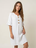 Vanesa - Vestido con Textura de Lino con Manga Abullonada y Botones