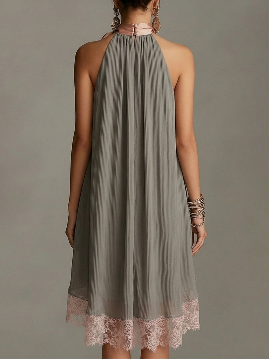 Beatrice | Mini vestido gris de satén con lazo rosa y encaje