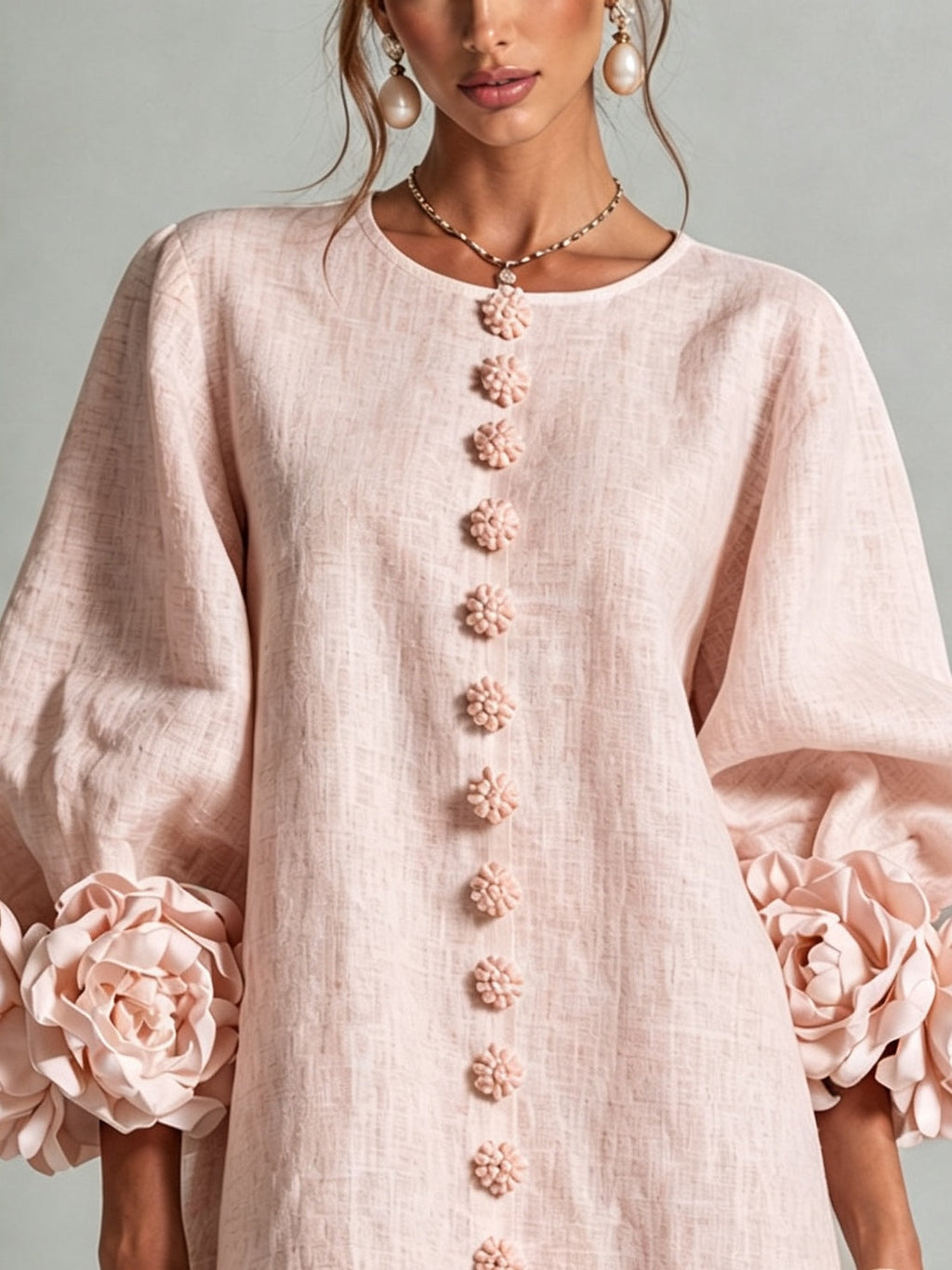 Vestido Mini Floral Rosa con Botones y Mangas Florales Sorprendentes