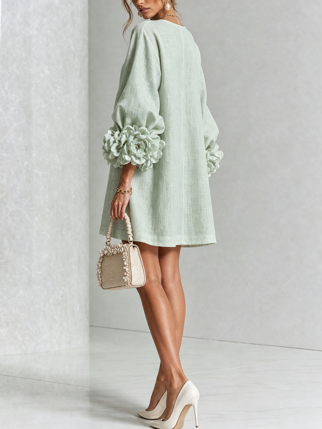 Vestido Mini Blanco con Botones de Flor y Mangas Florales Extravagantes