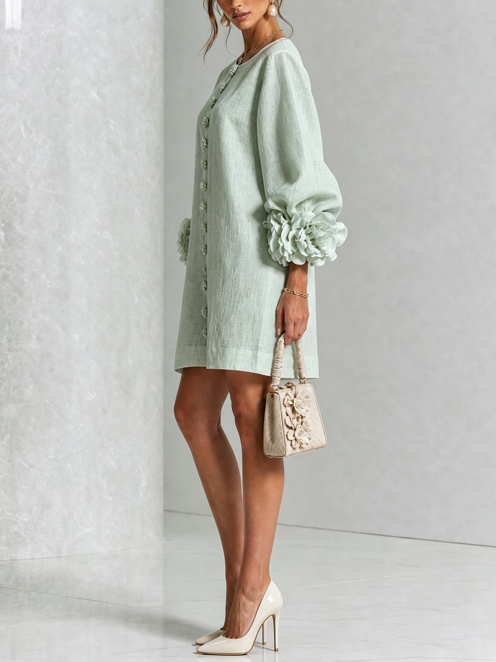 Vestido Mini Blanco con Botones de Flor y Mangas Florales Extravagantes