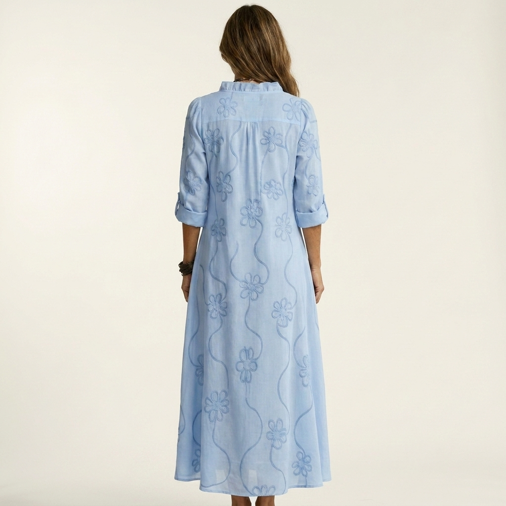 Vestido Maxi Bordado de Algodón-Lino