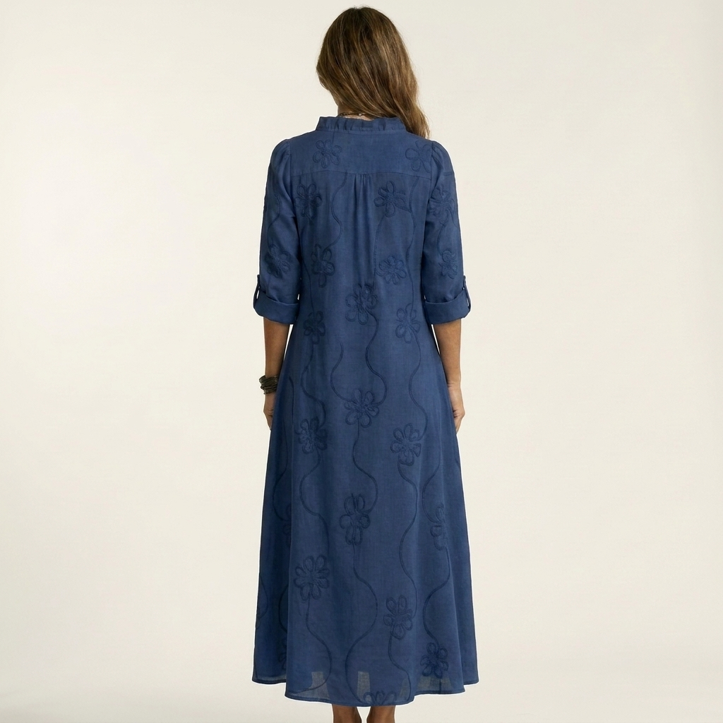 Vestido Maxi Bordado de Algodón-Lino