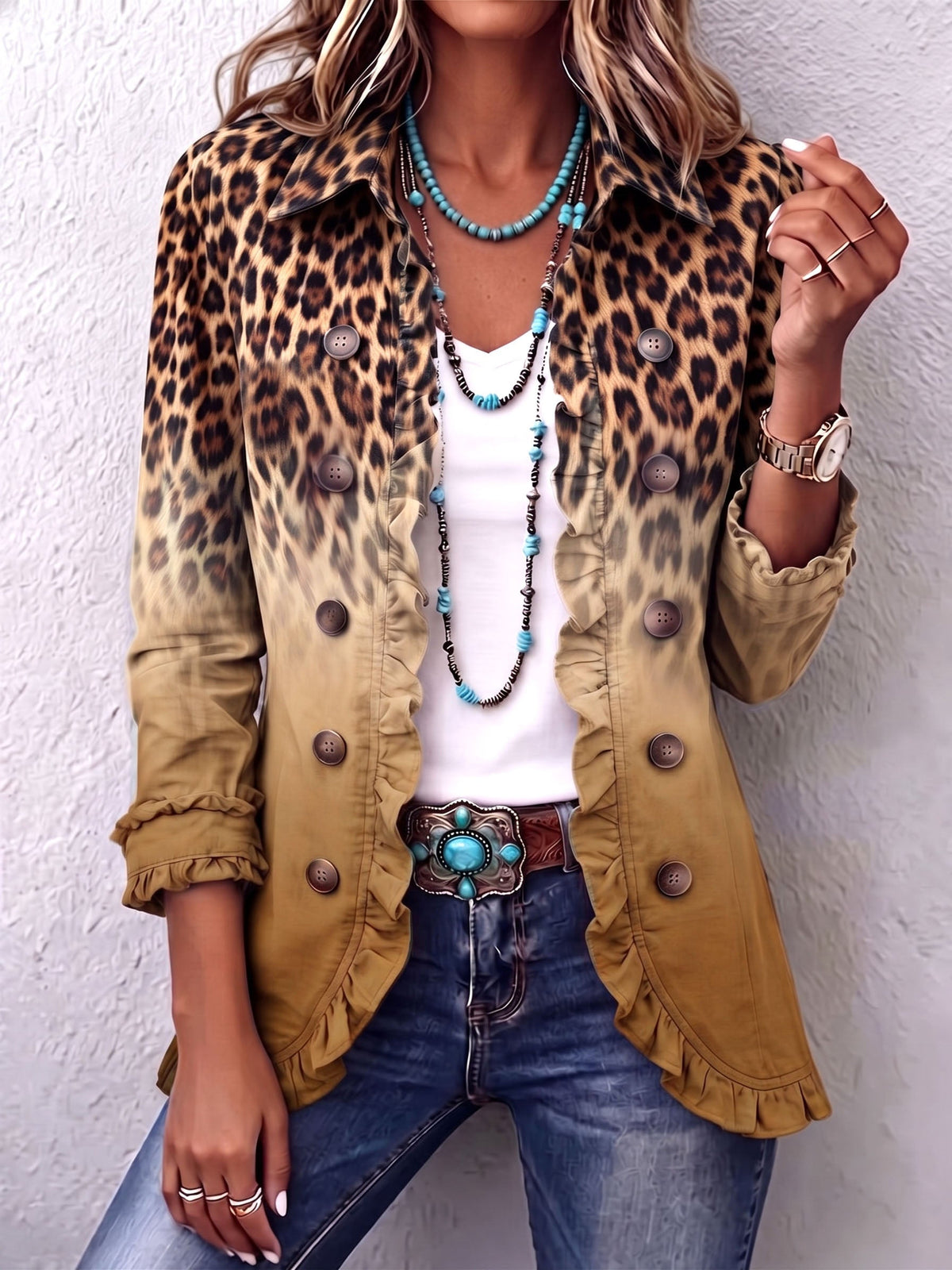 Mercedes - Chaqueta Blazer Leopardo Degradado con Volantes