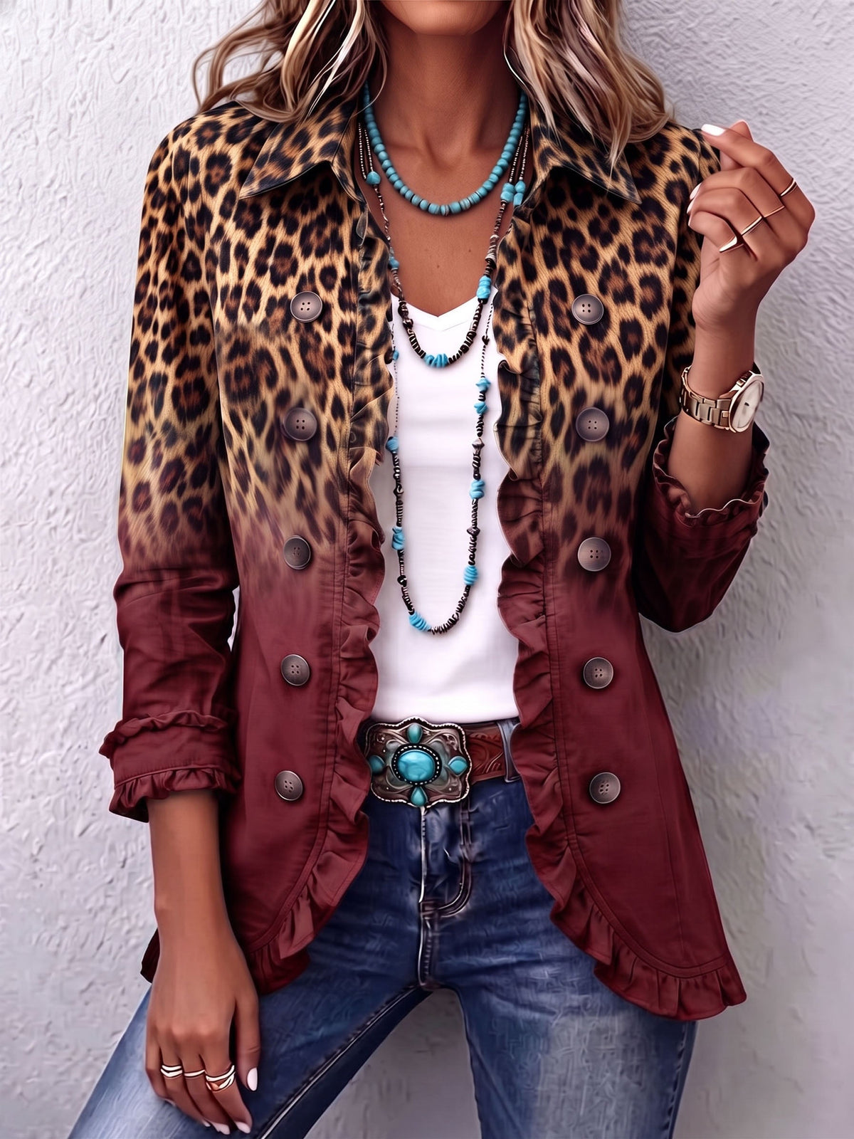 Tomasa - Chaqueta Blazer Leopardo Vino con Volantes