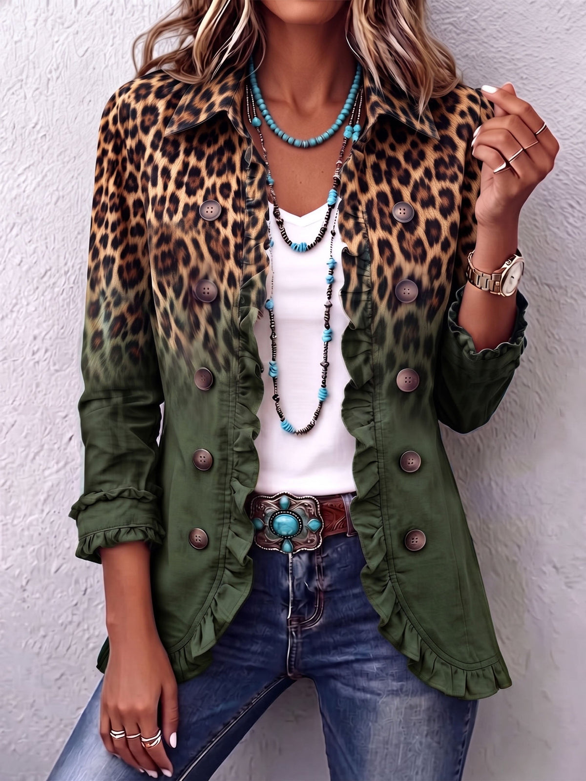 Mercedes - Chaqueta Blazer Leopardo Degradado con Volantes