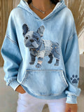 Blanca - Sudadera con Capucha de Bulldog Francés con Parche de Denim